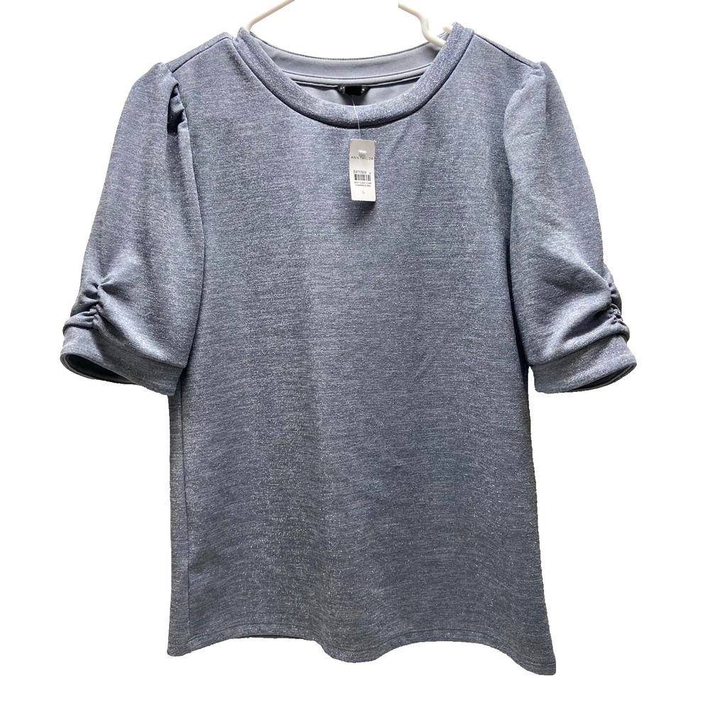 Ann Taylor Puff Sleeve Blouse Women's Large Grey Shimmer Career Casual NWT
